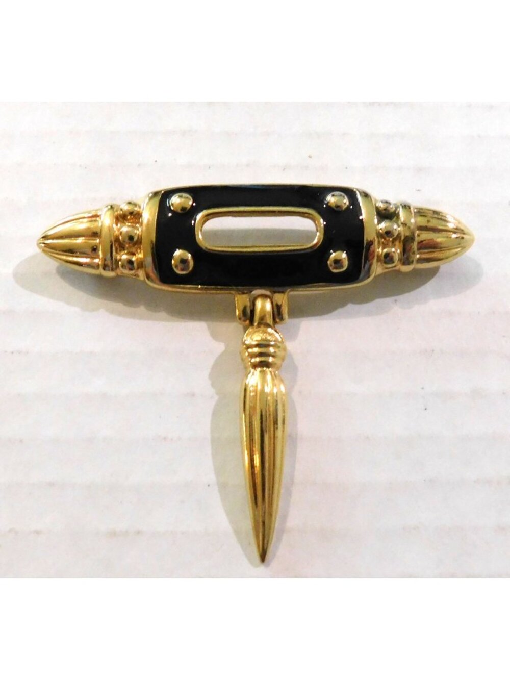 Premier Designs Vintage Signed Pin Gold Plated Black Enamel Hanging Charm Brooch